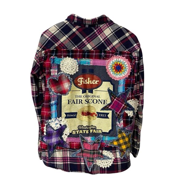 Upcycled Flannel Shirt Shacket Womens XL Fair Scones Grunge Patchwork Folk Art - Picture 4 of 16